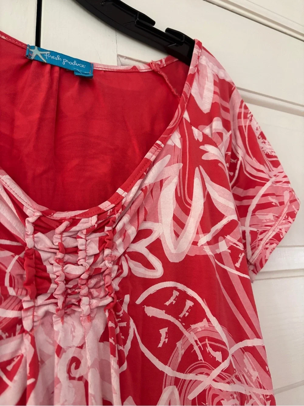Fresh Produce Red Floral Fit & Flare Short Sleeve Dress Scoop Neck Size Medium